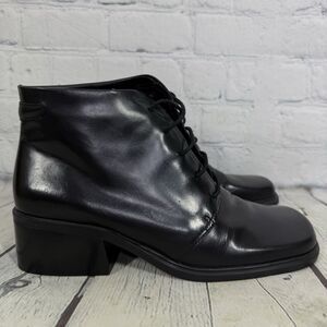 Bandolino Booties Women Size 7 Black Leather Block Heel Square Toe Y2K Vintage